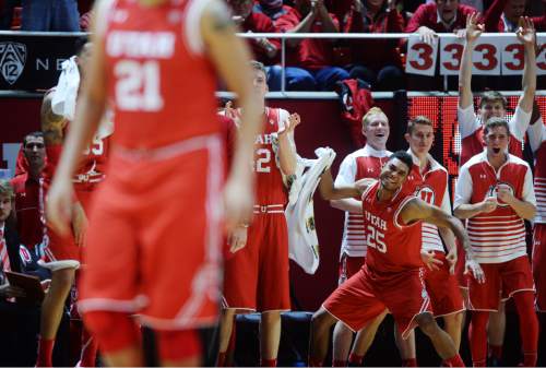 Steve Griffin  |  The Salt Lake Tribune

The Utah bench celebrates as they open up a big lead in during first half action in the Utah versus BYU men's basketball game at the Huntsman Center in Salt Lake City, Wednesday, December 2, 2015.