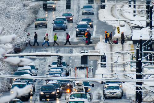 Trent Nelson  |  The Salt Lake Tribune
The view down 400 South after snowfall in Salt Lake City, Tuesday December 15, 2015.