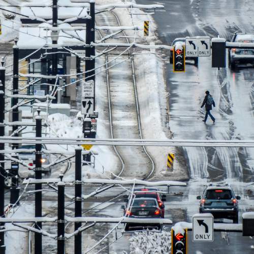 Trent Nelson  |  The Salt Lake Tribune
The view down 400 South after snowfall in Salt Lake City, Tuesday December 15, 2015.