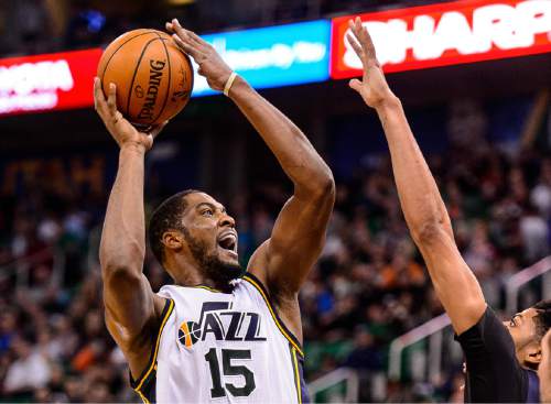 Trent Nelson  |  The Salt Lake Tribune
Utah Jazz forward Derrick Favors (15) puts up a shot as the Utah Jazz host the New Orleans Pelicans, NBA basketball in Salt Lake City, Wednesday December 16, 2015.