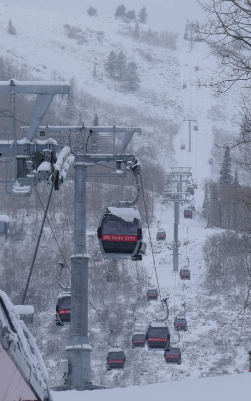 Francisco Kjolseth | The Salt Lake Tribune
Earlier this week, officials at Vail Resorts were preparing the new Quicksilver Gondola, which rises from near Miners Camp restaurant to Pine Cone Ridge then drops into the Canyons area, for its grand opening on Friday.