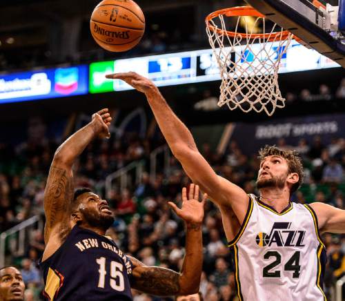 Trent Nelson  |  The Salt Lake Tribune
Utah Jazz center Jeff Withey (24) blocks a shot by New Orleans Pelicans forward Alonzo Gee (15), as the Utah Jazz host the New Orleans Pelicans, NBA basketball in Salt Lake City, Wednesday December 16, 2015.
