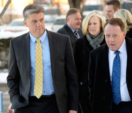 Al Hartmann  |  The Salt Lake Tribune
San Juan County Commissioner Phil Lyman, left, walks to sentencing hearing in Federal Court in Salt Lake City Friday Dec. 18.  He faces up to one year in jail for his role in organizing, promoting and leading the 2014 ATV protest in Recapture Canyon.