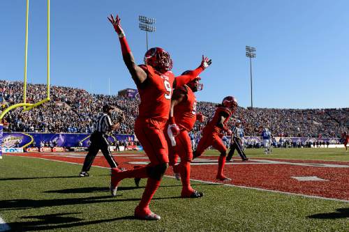 Trent Nelson  |  The Salt Lake Tribune
Utah Utes defensive back Tevin Carter (9) celebrates an interception as Utah faces BYU in the Royal Purple Las Vegas Bowl, NCAA football at Sam Boyd Stadium in Las Vegas, Saturday December 19, 2015.