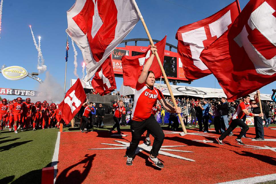 Trent Nelson  |  The Salt Lake Tribune
Utah takes the field as Utah faces BYU in the Royal Purple Las Vegas Bowl, NCAA football at Sam Boyd Stadium in Las Vegas, Saturday December 19, 2015.