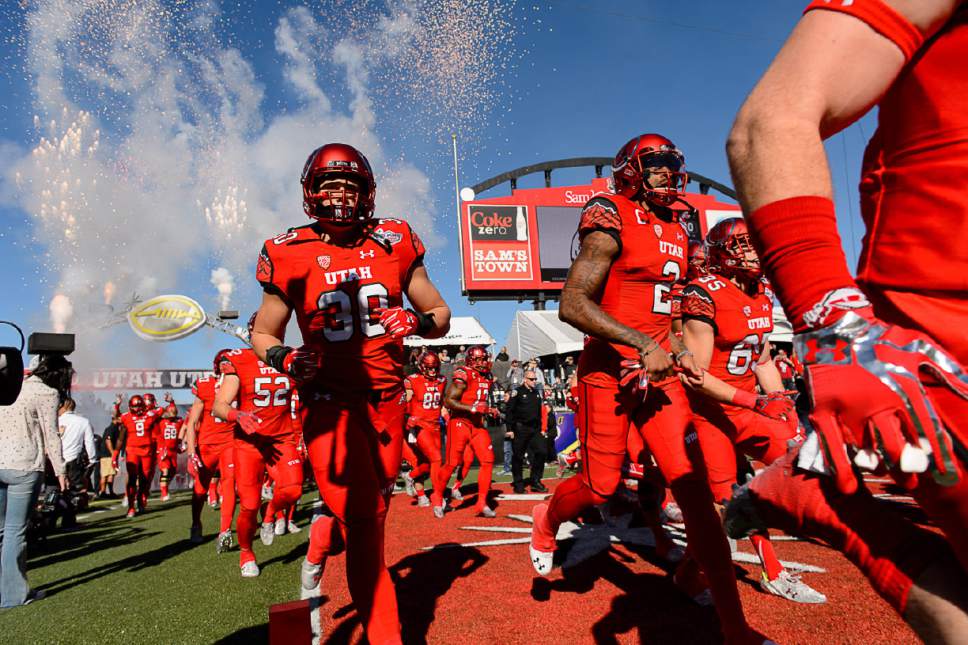 Trent Nelson  |  The Salt Lake Tribune
Utah takes the field as Utah faces BYU in the Royal Purple Las Vegas Bowl, NCAA football at Sam Boyd Stadium in Las Vegas, Saturday December 19, 2015.