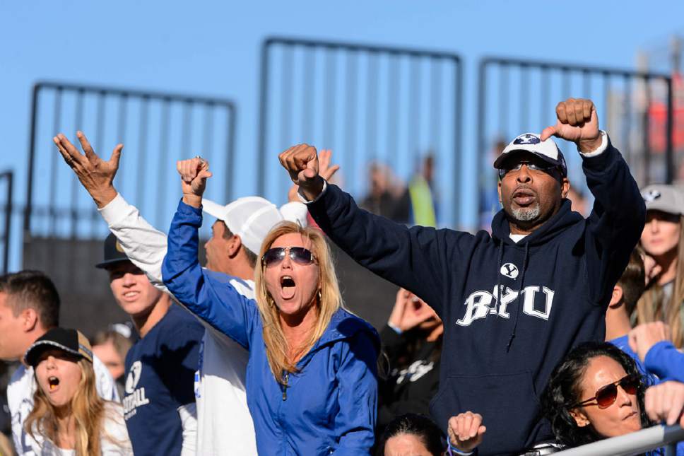 Trent Nelson  |  The Salt Lake Tribune
BYU fans protest a call, as Utah leads 35-0, as Utah faces BYU in the Royal Purple Las Vegas Bowl, NCAA football at Sam Boyd Stadium in Las Vegas, Saturday December 19, 2015.