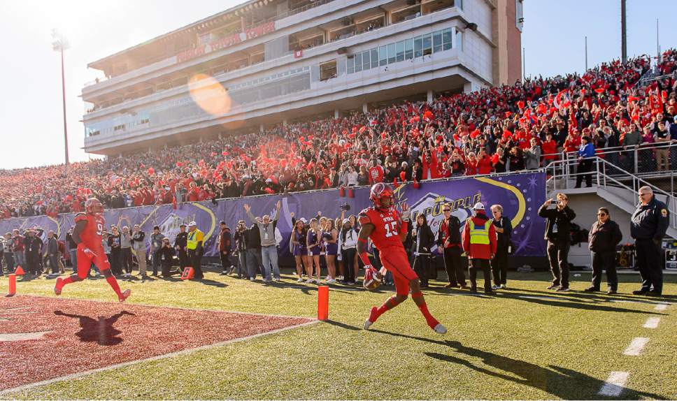 Trent Nelson  |  The Salt Lake Tribune
Utah Utes defensive back Dominique Hatfield (15) runs for a touchdown after an interception as Utah faces BYU in the Royal Purple Las Vegas Bowl, NCAA football at Sam Boyd Stadium in Las Vegas, Saturday December 19, 2015.