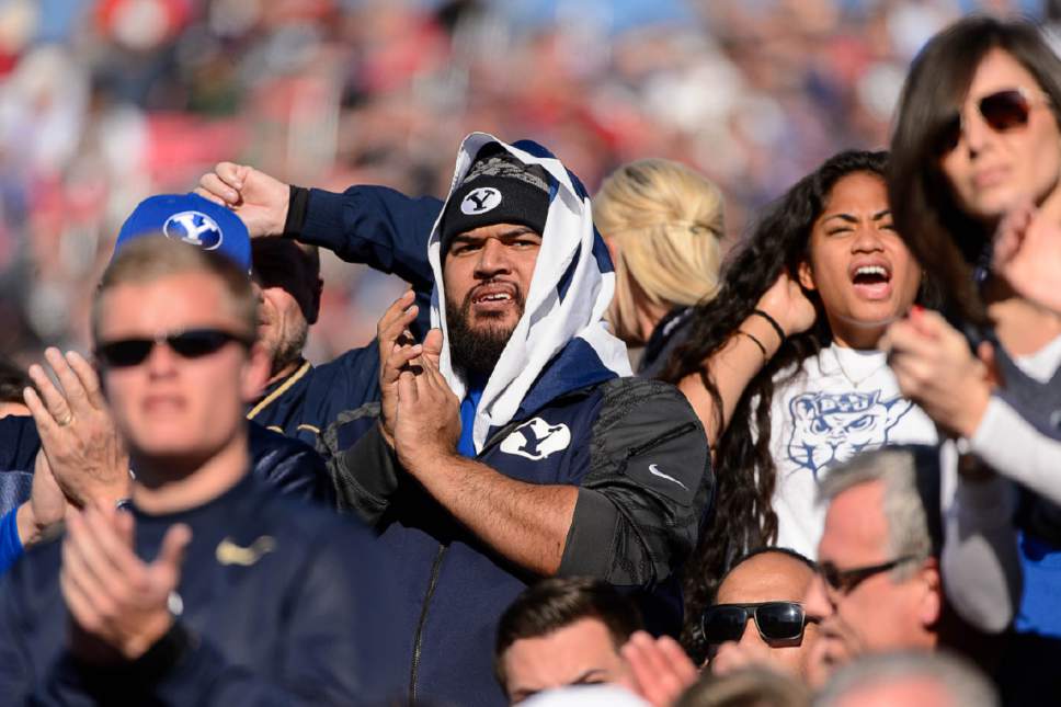 Trent Nelson  |  The Salt Lake Tribune
BYU fans cheer on their team, as Utah leads 35-0, as Utah faces BYU in the Royal Purple Las Vegas Bowl, NCAA football at Sam Boyd Stadium in Las Vegas, Saturday December 19, 2015.