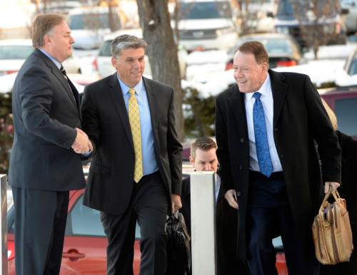 Al Hartmann  |  The Salt Lake Tribune
San Juan County Commissioner Phil Lyman, middle, walks to sentencing hearing in Federal Court in Salt Lake City Friday Dec. 18.  He faces up to one year in jail for his role in organizing, promoting and leading the 2014 ATV protest in Recapture Canyon.