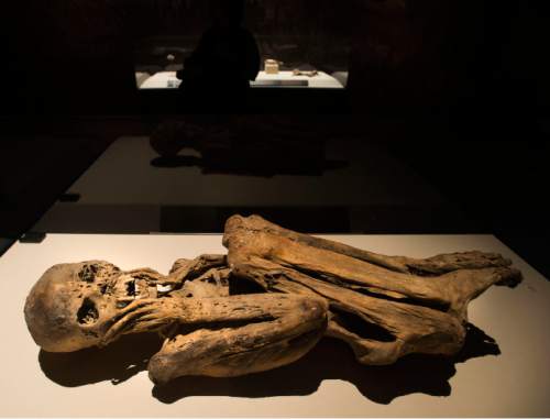 Steve Griffin  |  The Salt Lake Tribune

 A naturally-mummified young woman is part of "Mummies of the World: The Exhibition" at The Leonardo in Salt Lake City.