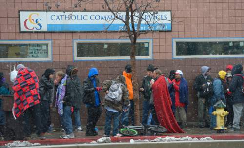 Leah Hogsten  |  The Salt Lake Tribune
The area around The Road Home shelter near the intersection of Rio Grande Street and 200 South, Tuesday December 22, 2015.  The U.S. Conference of Mayors has released its annual Hunger and Homeless Survey. The report surveyed 22 cities and found that over all, homelessness increased 5.2 percent. Sixty-Six percent of the cities reported an increase in the need for food assistance.