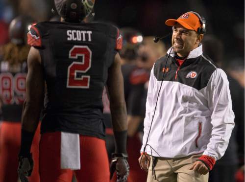 Rick Egan  |  The Salt Lake Tribune

University of Utah wide receivers coach Taylor Stubblefield reacts after wide receiver Kaelin Clay (8) dropped the ball before reaching the end zone, resulting in a fumble and an Oregon touchdown, in PAC-12 action, Utah vs. Oregon game, at Rice-Eccles Stadium, Saturday, November 8, 2014