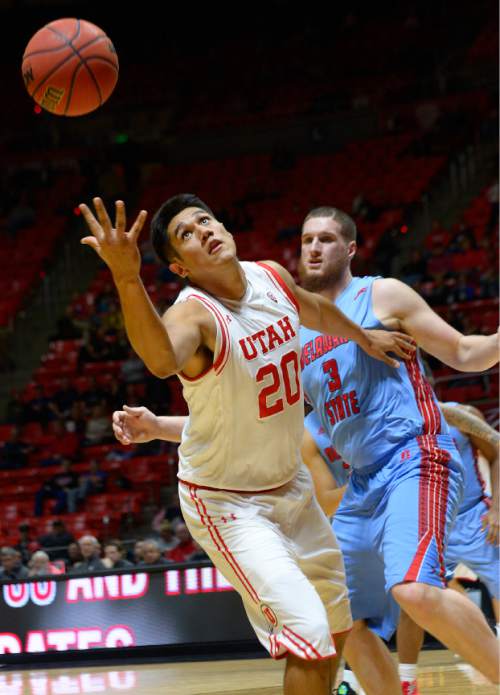 Leah Hogsten  |  The Salt Lake Tribune
Utah Utes forward Chris Reyes (20) pulls in the rebound. University of Utah defeated Delaware State, 105-58 at the Jon M. Huntsman Center, Tuesday December 22, 2015.