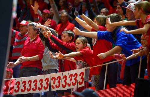 Leah Hogsten  |  The Salt Lake Tribune
The Utes put up a few three's. University of Utah defeated Delaware State, 105-58 at the Jon M. Huntsman Center, Tuesday December 22, 2015.