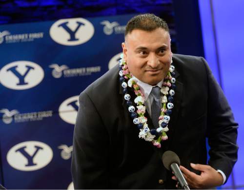 Al Hartmann  |  The Salt Lake Tribune
Kalani Sitake is announced as the BYU new head coach at a press conference in Provo Monday Dec. 21.