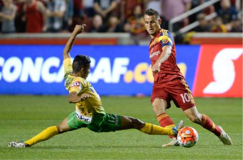 Francisco Kjolseth | The Salt Lake Tribune
Santa Tecla defender Kevin Ayala (17) stretches out against Real Salt Lake midfielder Luis Gil (10) as they battle it out at Rio Tinto Stadium on Thursday, Sept. 24, 2015, in the Champions League (CONCACAF).