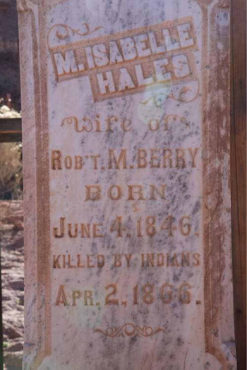 (Lynn R. Johnson / Special to The Salt Lake Tribune - "Killed by Indians" reads the grave marker of Isabelle Hales in the historic Grafton Cemetery near Rockville, Utah.