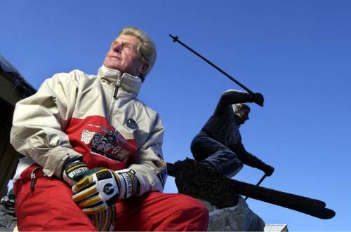 Francisco Kjolseth | The Salt Lake Tribune 
Stein Eriksen next to his statue at the base of Deer Valley in 2002. Eriksen died Sunday at 88.