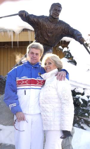Leah Hogsten | 2001 Tribune file photo .
On Dec. 8, 2001, Olympian and world champion skier Stein Eriksen and his wife Francoise  pose next to the newly unveiled bronze statue of Eriksen titled "Come Ski With Me." A crowd gathered at the entrance of Snow Park Lodge to honor Eriksen, with then-Gov. Mike Leavitt  on hand to declare  "Stein Eriksen Day."
