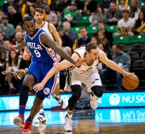 Lennie Mahler  |  The Salt Lake Tribune

Jazz guard Gordon Hayward steals the ball from JaKarr Sampson in the first half of a game against the Philadelphia 76ers at Vivint Smart Home Arena, Monday, Dec. 28, 2015.