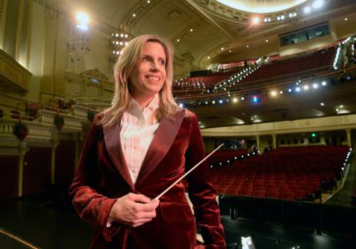 Al Hartmann  |  The Salt Lake Tribune
Ballet West's new music director, Tara Simoncic, in the Capitol Theatre where she's currently conducting performances of "The Nutcracker."