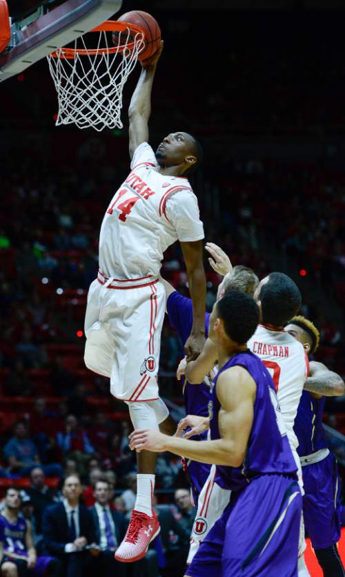Francisco Kjolseth | The Salt Lake Tribune
Utah Utes forward Dakarai Tucker (14) tries for a dunk that bounces out agains the College of Idaho in game action at the Huntsman Center on Monday night in the final non-conference game of the season.