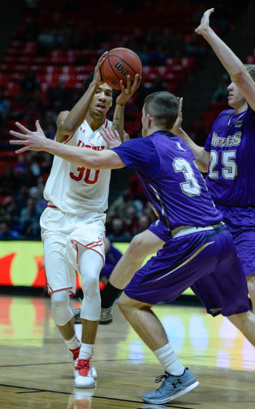 Francisco Kjolseth | The Salt Lake Tribune
Utah Utes forward Gabe Bealer (30) looks for an opening in the College of Idaho defense in game action at the Huntsman Center on Monday night in the final non-conference game of the season.