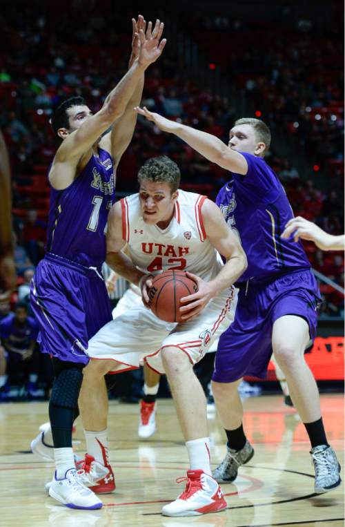Francisco Kjolseth | The Salt Lake Tribune
Utah Utes forward Jakob Poeltl (42) feels the pressure from the College of Idaho in game action at the Huntsman Center on Monday night in the final non-conference game of the season.