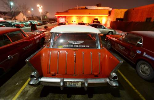 Steve Griffin  |  The Salt Lake Tribune

A 1961 Chrysler 300G, a 1957 Chevrolet Nomad and a 1966 Ford Mustang glow in the parking lot light of the Red Iguana 2 restaurant as part America's Car Museum's "The Drive Home," a vintage car road trip from Tacoma, Wash., to Detroit. The Museum is driving the vintage vehicles from the museum to the North American International Auto Show. The caravan arrived in Salt Lake City for a pit stop at a restaurant to mingle with local automotive and travel enthusiasts Tuesday, December 29, 2015.
