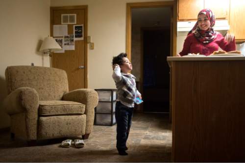 Steve Griffin  |  The Salt Lake Tribune

Two-year-old Ridha Alhareb stands on his tiptoes as he watches his mother, Sarah Alsahyem, prepare snacks for guests in their home in Millcreek on  Friday, December 18, 2015. Mohammed Alhareb, wife Sarah and son Ridha have been in Utah for nine months since leaving Iraq.