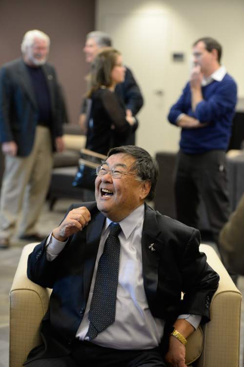 Francisco Kjolseth  |  Tribune File Photo

Elected officeholders and political officials gather to honor the career and retirement of Salt Lake County Councilman Randy Horiuchi at an event that included a video tribute and remarks by Utah Gov. Gary Herbert plus the announcement of the Randy Horiuchi Political Fellowship at Westminster College, where Horiuchi has been an adjunct professor in presidential election years. Horiuchi died in November 2015 at age 61.