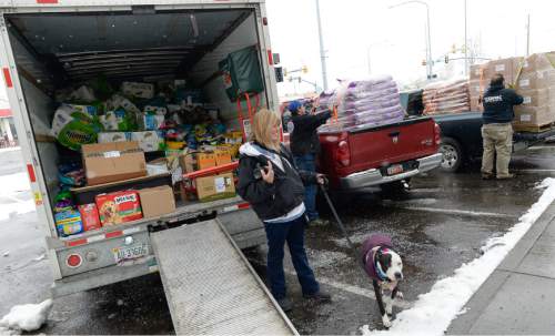 Francisco Kjolseth | The Salt Lake Tribune
Kelly Lawson and her therapy dog Kandie arrive at the Salt Lake County Animal Services on Tuesday to drop off supplies collected through donations over three months. Harmon's and 40 local businesses helped collect pet supplies in an effort to support animal services and homeless people who have pets.