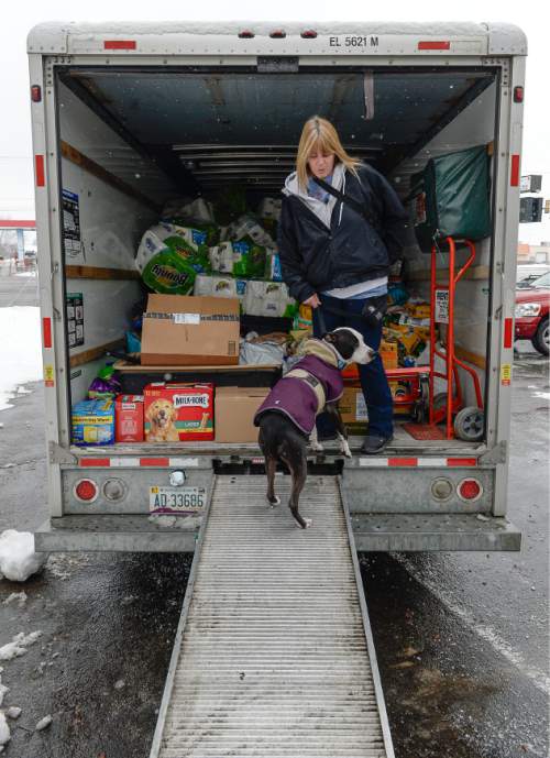 Francisco Kjolseth | The Salt Lake Tribune
Kelly Lawson and her therapy dog Kandie arrive at the Salt Lake County Animal Services on Tuesday to drop off supplies collected through donations. Harmon's and 40 local businesses help collect pet supplies for the drive.