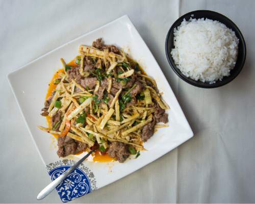 Rick Egan  |  The Salt Lake Tribune
Stir-fried lamb with bamboo shoots in cumin sauce at Hot Dynasty, a new Sichuan restaurant in the Chinatown complex on 3300 South in Salt Lake.