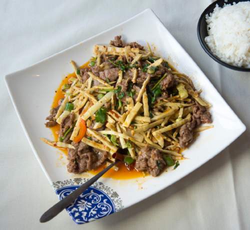 Rick Egan  |  The Salt Lake Tribune
Stir-fried lamb with bamboo shoots in cumin sauce  at Hot Dynasty, a new Sichuan restaurant in the Chinatown complex on 3300 South in Salt Lake.