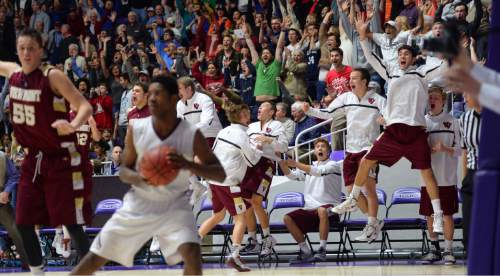 Steve Griffin  |  The Salt Lake Tribune

Viewmont players and fans explode with excitement as Viewmont's Joshua Richins (30) nails the game wining three pointer as time expires giving Viewmont a victory  over Lone Peak during quarterfinals of the boy's 5A basketball state tournament at the Dee Event Center in Ogden, Wednesday, February 25, 2015.