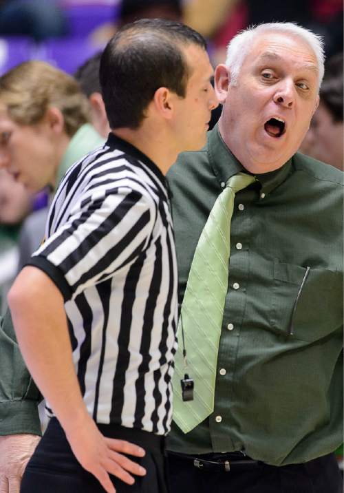 Trent Nelson  |  The Salt Lake Tribune
Provo head coach Craig Drury expresses his opinion to an official as Provo faces Logan High School in the state 4A boys basketball tournament at the Dee Events Center in Ogden, Tuesday February 24, 2015.
