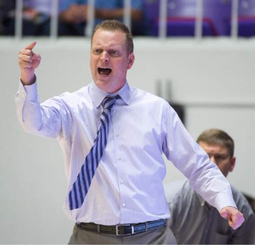Rick Egan  |  The Salt Lake Tribune

Lone Peak coach Quincy Lewis shouts at his team, in 5A Boys Basketball StateTournament action, Lone Peak vs Copper Hills, at the Dee Event Center, Monday, February 23, 2015