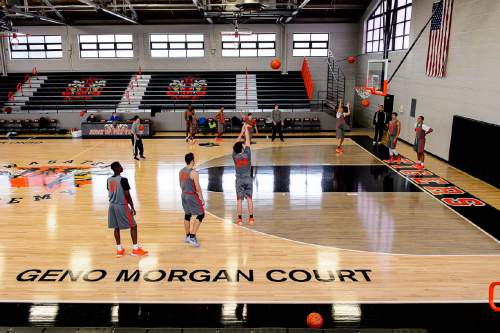 Trent Nelson  |  The Salt Lake Tribune
The Wasatch Academy basketball team practices in Mt. Pleasant, Tuesday November 24, 2015. The floor of their new gymnasium has been named for the school's former coach Geno Morgan, who passed away in July.