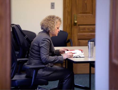 Al Hartmann  |  The Salt Lake Tribune
Mayor-elect Jackie Biskupski sits down for an executive staff meeting in her temporary fourth floor office in Salt Lake City Hall.