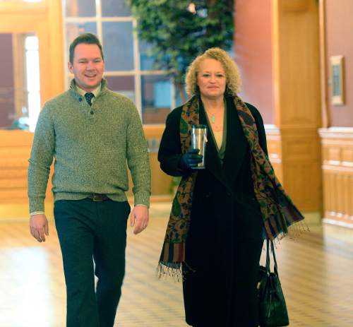 Al Hartmann  |  The Salt Lake Tribune
Mayor-elect Jackie Biskupski walks with Council-elect Andrew Johnston to her temporary fourth floor office in the City-County building in Salt Lake City Monday morning Dec. 28 .