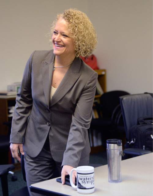 Al Hartmann  |  The Salt Lake Tribune
Mayor-elect Jackie Biskupski, laughs with her executive staff in her temporary fourth floor office in Salt Lake City Hall.