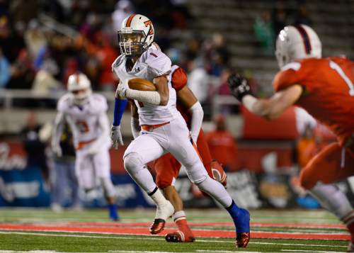 Scott Sommerdorf   |  The Salt Lake Tribune
Timpview WR Samson Nacua (1) rambles with the ball after a catch during first half play. East led Timpview 21-14 at the half in the 4A championship game, Friday, November 20, 2015.