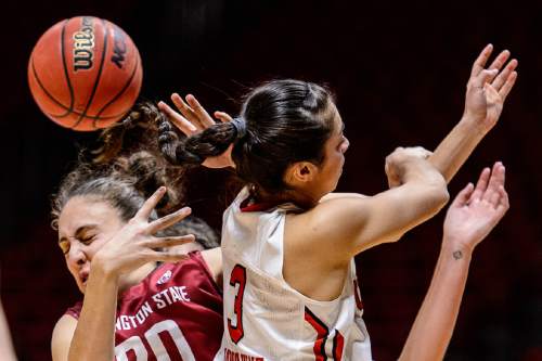 Trent Nelson  |  The Salt Lake Tribune
Utah Utes forward Malia Nawahine (3) knocks the ball away from Washington State Cougars center Maria Kostourkova (20) in the fourth quarter as the University of Utah hosts Washington State, NCAA women's basketball at the Huntsman Center, Saturday January 2, 2016.