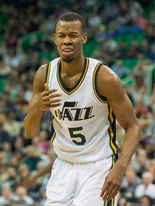 Rick Egan  |  The Salt Lake Tribune

Utah Jazz guard Rodney Hood (5) reacts after getting poked in the eye, as he was  fouled by Memphis Grizzlies center Marc Gasol (33) in NBA action Utah Jazz vs. The Memphis Grizzlies in Salt Lake City, Saturday, January 2, 2016.