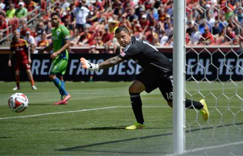 Scott Sommerdorf   |  The Salt Lake Tribune
RSL GK Nick Rimando watches a shot goes wide during first half play. RSL defeated the Seattle Sounders 2-1 at Rio Tinto Stadium, Saturday, August 15, 2014.
