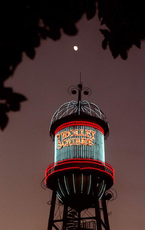 Al Hartmann  |  The Salt Lake Tribune

Trolley Square's water tower is once again flashing a weather report via colored lights according to conditions.