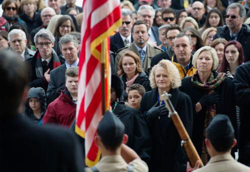 Steve Griffin  |  The Salt Lake Tribune

Salt Lake Mayor Jackie Biskupski holds her hand over her heart during the Pledge of Allegiance prior to Oath of Office Ceremony for her and council members Andrew Johnston, Derek Kitchen and Charlie Luke at the City & County Building in Salt Lake City, Monday, January 4, 2016.