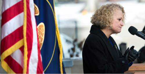 Steve Griffin  |  The Salt Lake Tribune

After receiving the Oath of Office and emotional Salt Lake Mayor Jackie Biskupski thanks her family during ceremony for her and council members Andrew Johnston, Derek Kitchen and Charlie Luke at the City & County Building in Salt Lake City, Monday, January 4, 2016.